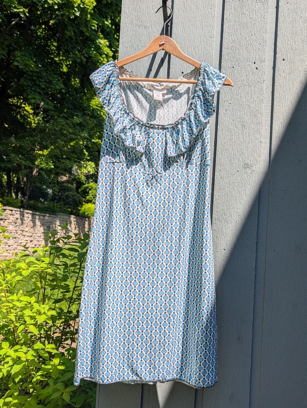 Max Studio Blue and White Printed Ruffle Midi Dress